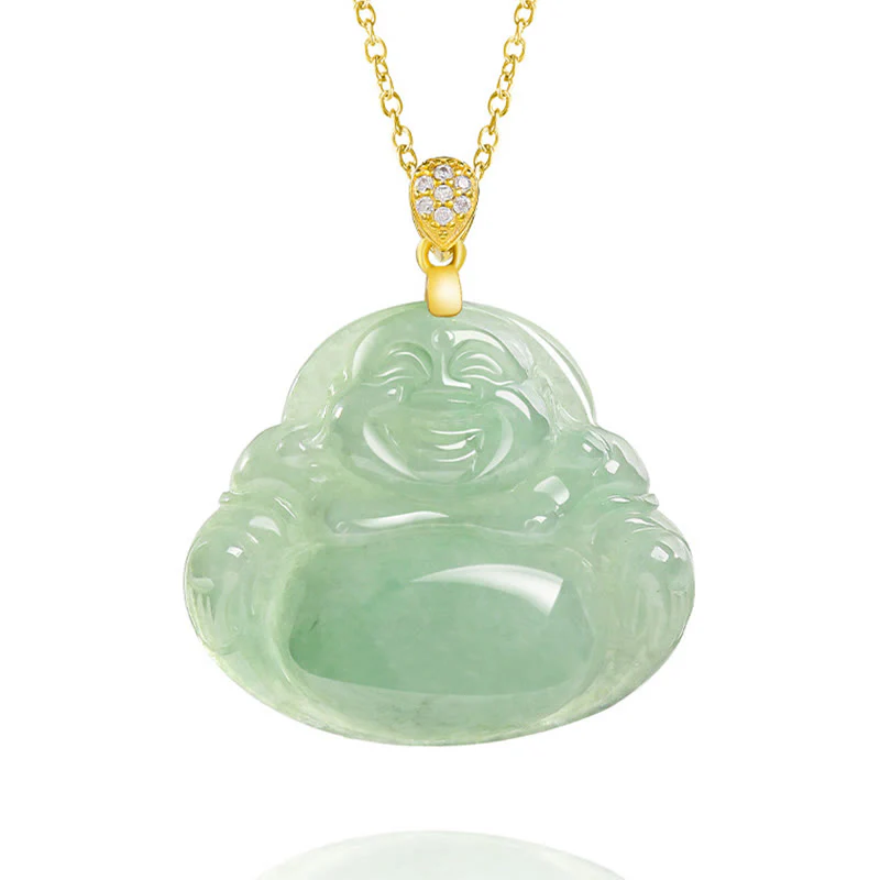Buddha Stones 925 Sterling Silver Natural Jade Laughing Buddha Luck Prosperity Chain Necklace Pendant