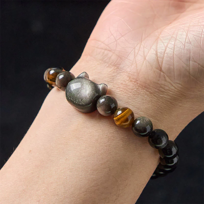 Buddha Stones Natural Silver Sheen Obsidian Beads Cute Cat Soothing Bracelet