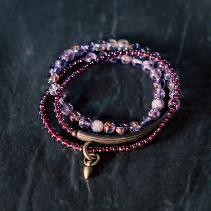 Buddha Stones Retro 6mm Amethyst 4mm Garnet Multilayer Balance Bracelet
