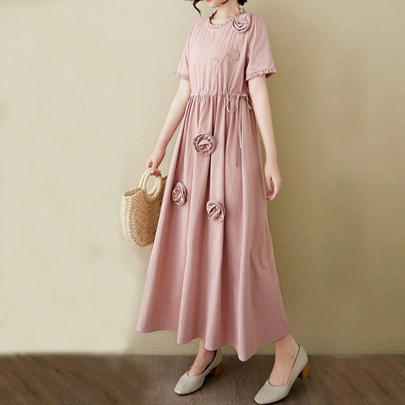 Buddha Stones Three-Dimensional Flower Design Ruffled Neck Cotton Linen Midi Dress With Pockets