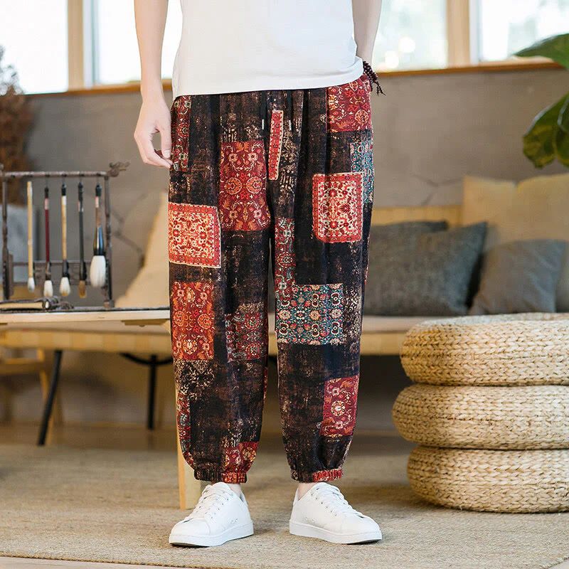 Buddha Stones Summer Square Patchwork Cotton Linen Men's Ankle-Length Harem Pants With Pockets