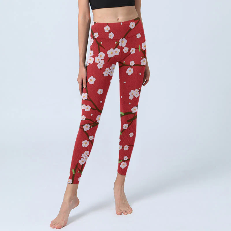 Buddha Stones Plum Blossoms Branches Leaves Pattern Print Gym Leggings Women's Yoga Pants