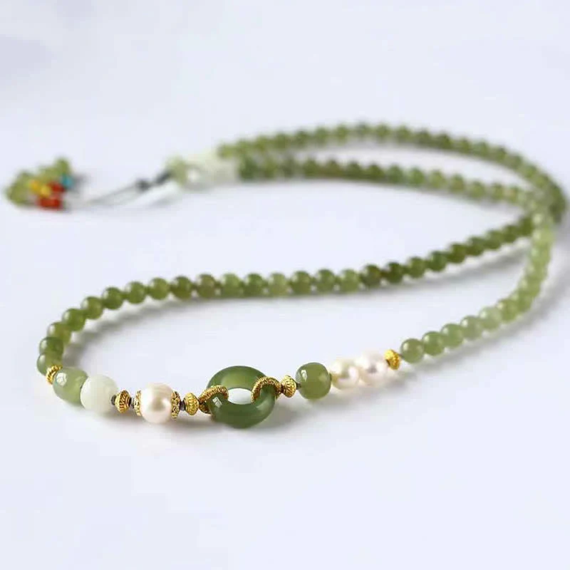 Buddha Stones Hetian Jade Pearl Peace Buckle Luck Wealth String Bracelet
