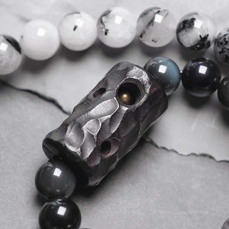 Buddha Stones Black Rutilated Quartz Ebony Wood White Crystal Success Couple Bracelet