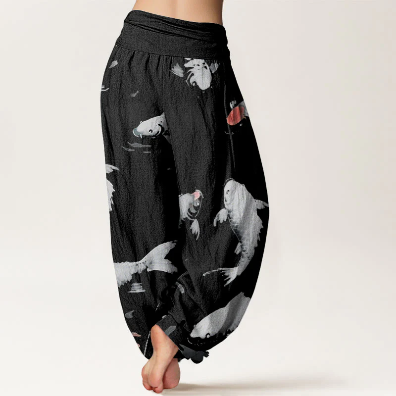 Buddha Stones Casual Koi Fish Pattern Women's Elastic Waist Harem Pants