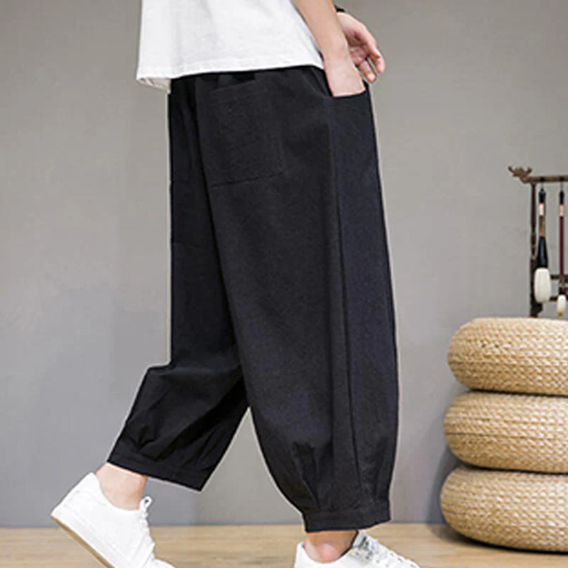 Buddha Stones Simple Cotton Men's Cropped Capri Harem Pants With Pockets