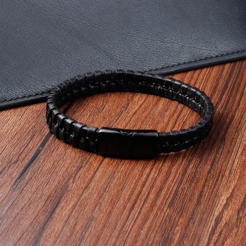 Buddha Stones Simple Braided Pattern Titanium Steel Strengthen Multi-layer Leather Buckle Bracelet