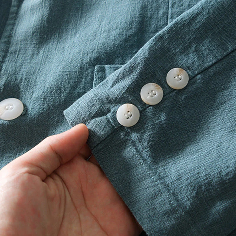 Buddha Stones Long Sleeve Button Placket Design Men's Cotton Linen Jacket Shirt With Pockets