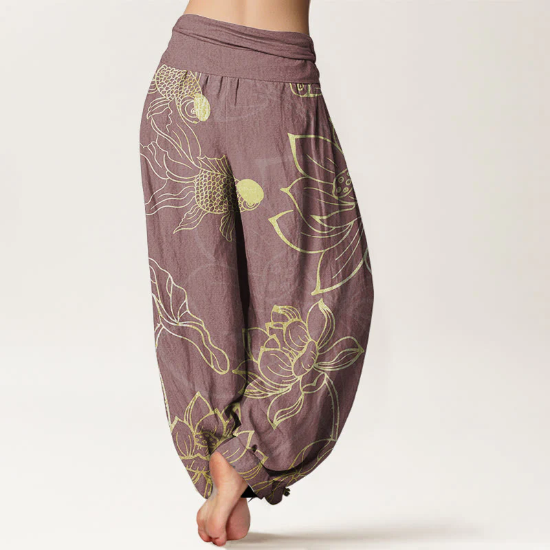 Buddha Stones Pure Cotton Lotus Leaf Koi Fish Women's Elastic Waist Harem Pants