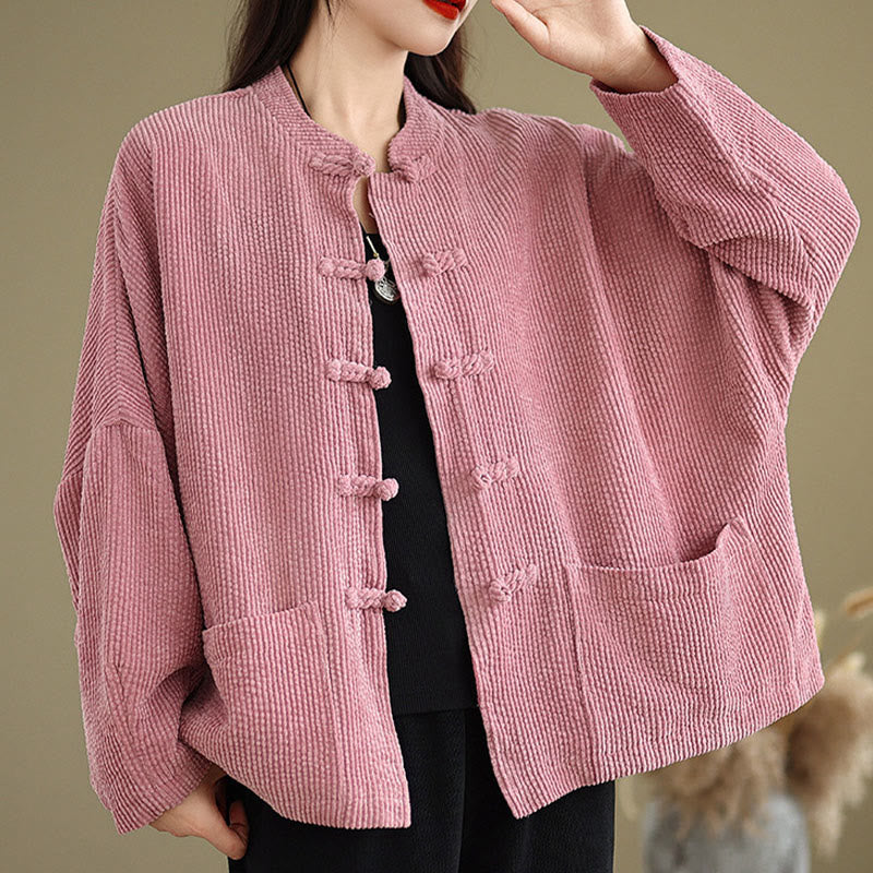Buddha Stones Frog-button Stand Collar Women's Cotton Linen Corduroy Jacket