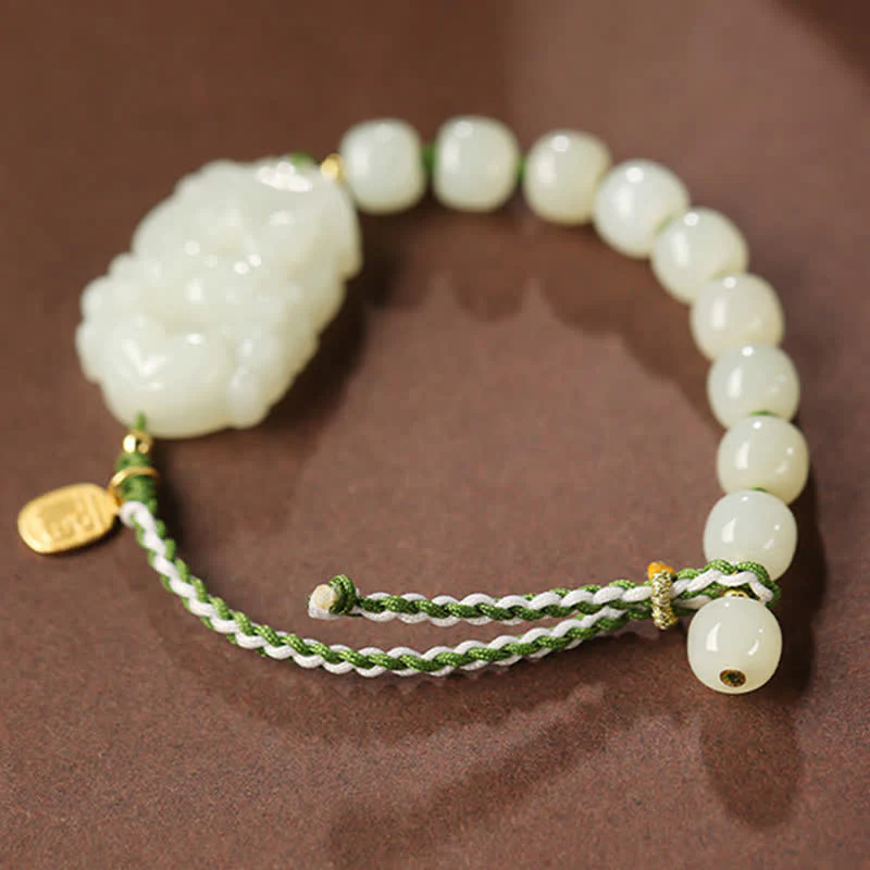 Buddha Stones 925 Sterling Silver Chinese Zodiac Hetian Jade Happiness Luck String Bracelet