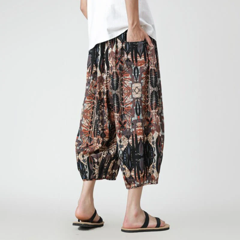 Buddha Stones Summer Square Patchwork Elephant Mandala Geometry Cotton Linen Men's 7-8 Length Pants With Pockets