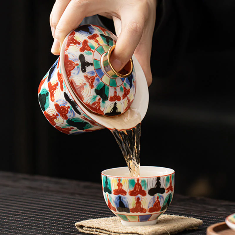 Buddha Stones Thangka Dragon Buddhas Dunhuang Ceramic Gaiwan Sancai Kung Fu Tea Cup And Saucer With Lid Gift Box 180ml