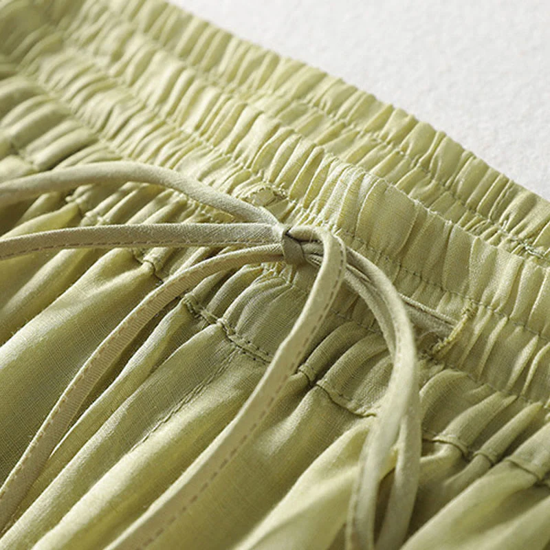 Buddha Stones Casual Drawstring Cotton Linen Ankle-Length Women's Wide Leg Pants With Pockets