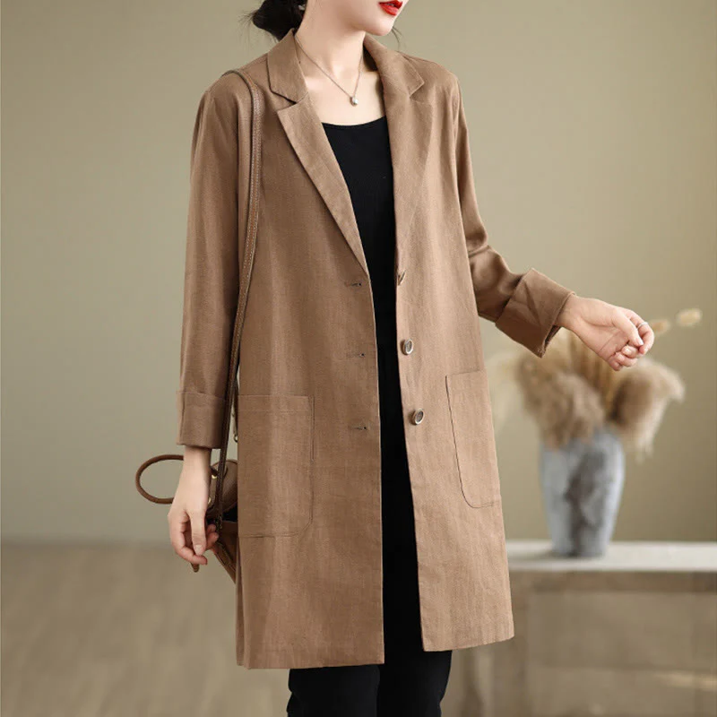 Buddha Stones Casual Fall Buttons Design Lapel Women's Cotton Linen Coat With Pockets