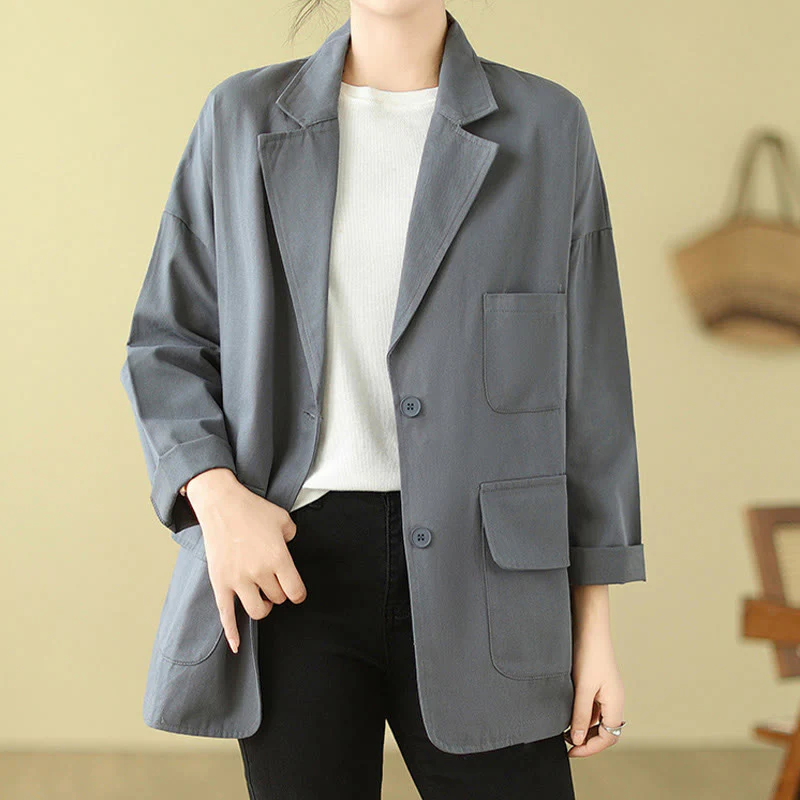 Buddha Stones Plain Women's Cotton Suit Jacket With Pockets