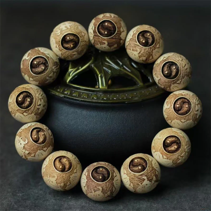 Buddha Stones Camphor Wood Yin Yang Ox Engraved Clarity Bracelet