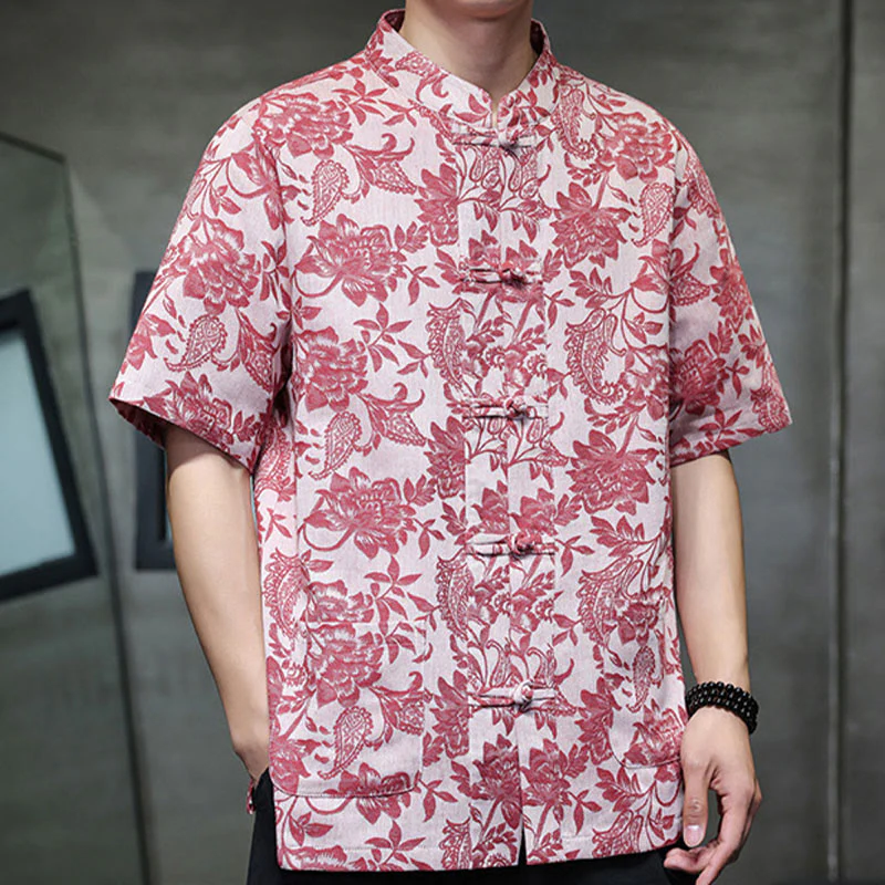 Buddha Stones Casual Jacquard Paisley Flower Plant Pattern Frog-Button Design Men's Cotton Shirt Cardigan With Pockets