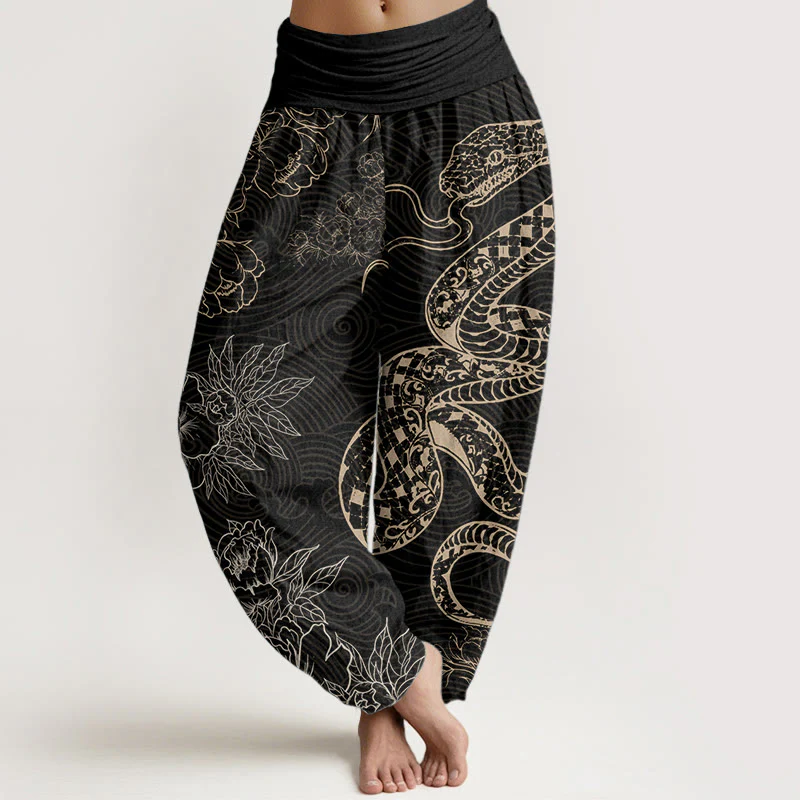 Buddha Stones Pure Cotton Snake Lotus Women's Elastic Waist Harem Pants
