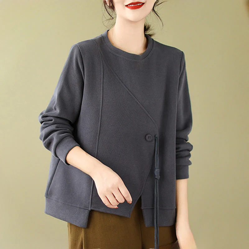 Buddha Stones Fall Plain Button Crew Neck Cotton Pullover Women's Sweatshirt