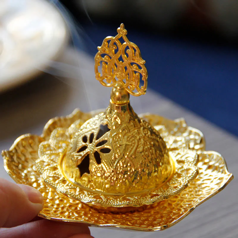 Buddha Stones Gold Leaf Coaster Spiritual Mini Alloy Metal Incense Burner