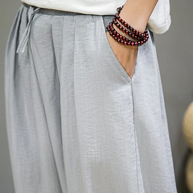 Buddha Stones Summer Plain Drawstring Men's Ankle-Length Cotton Harem Pants With Pockets