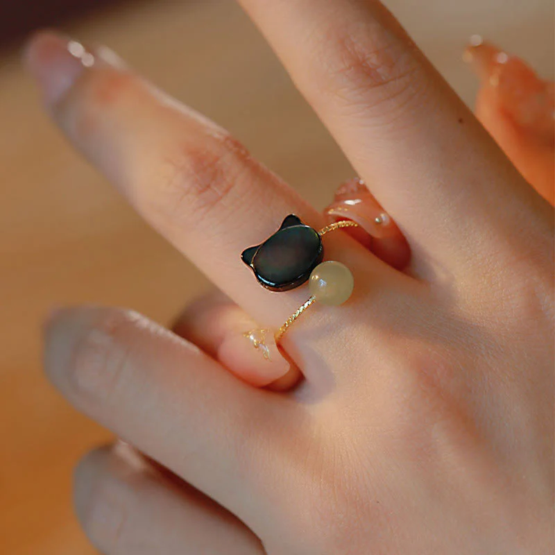 Buddha Stones Black Tridacna Stone Cat Jade Blessing Adjustable Ring