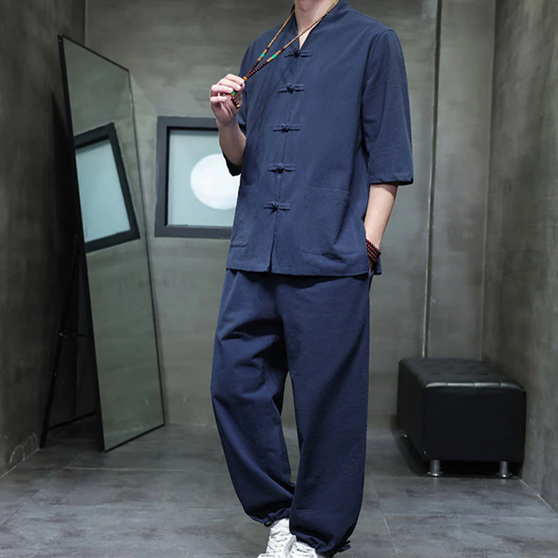 Buddha Stones 2Pcs Tang Suit Frog-Button Design Shirt Pants With Pockets Men's Cotton Linen Meditation Cloth Set