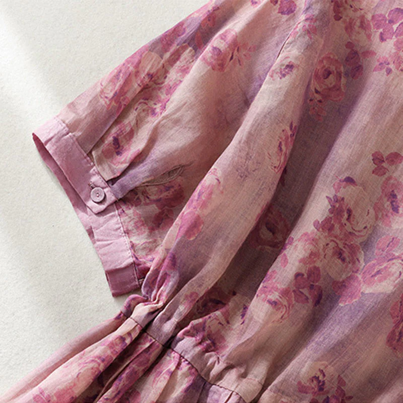 Buddha Stones Retro Printing Buttons Design Drawstring High Waist Cotton Midi Dress With Pockets