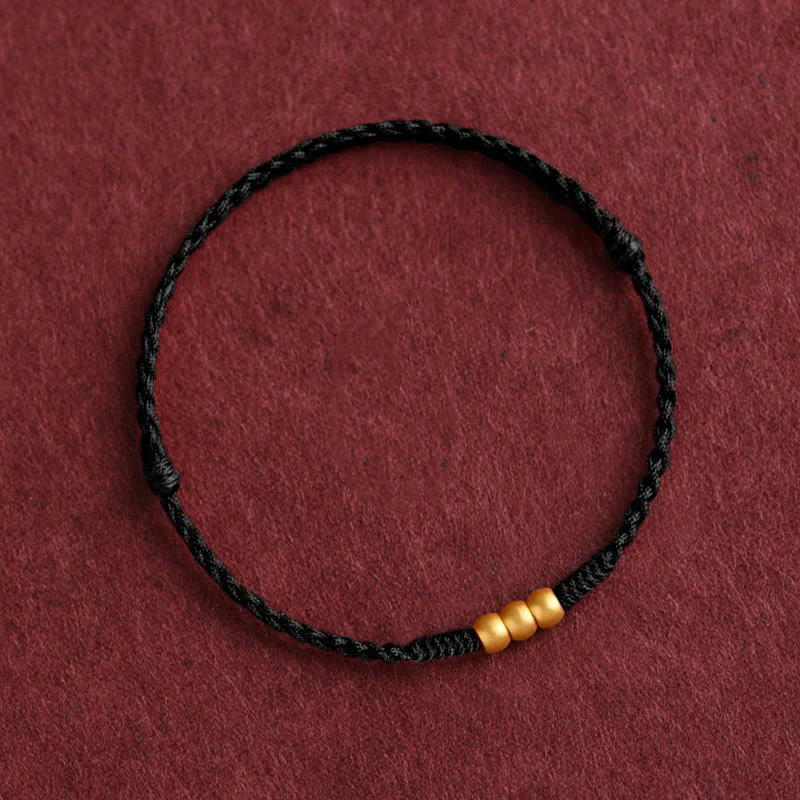 Buddha Stones 999 Gold Mini Three Beads Design Handmade Luck Rope Bracelet Anklet