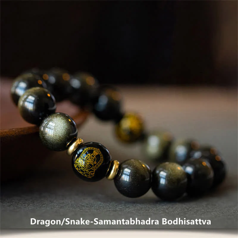 Buddha Stones Chinese Zodiac Natal Buddha Gold Sheen Obsidian Wealth Protection Bracelet