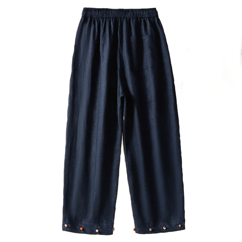 Buddha Stones Casual Embroided Bead Drawstring Women's Wide Leg Cotton Pants With Pockets