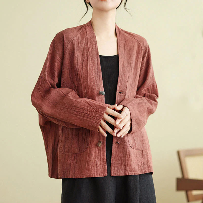 Buddha Stones Plain Long Sleeve Women's Cotton Linen Jacket With Pockets