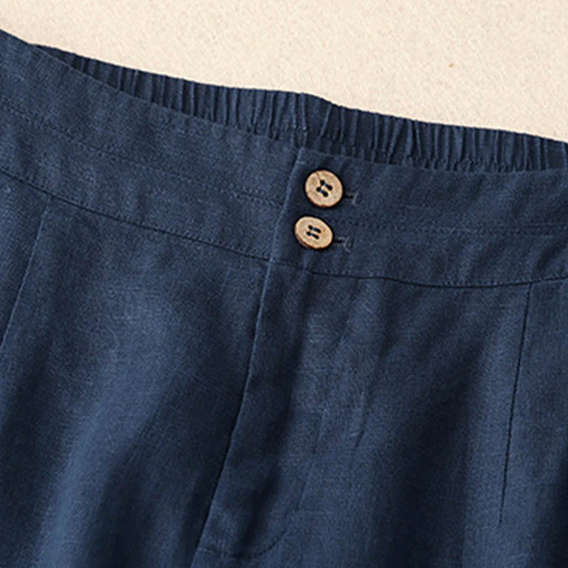 Buddha Stones Summer Casual Simple Design Linen Women's Wide Leg Pants With Zipper Pockets