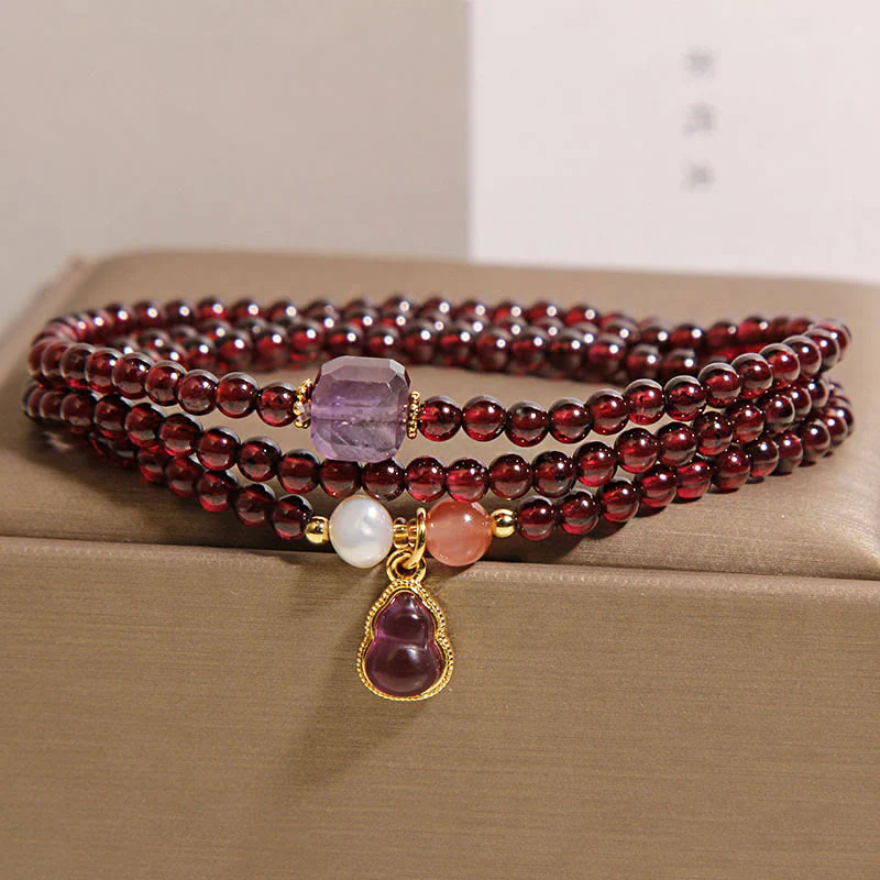 Buddha Stones Natural Garnet Amethyst Gourd Protection Multi-Layer Bracelet