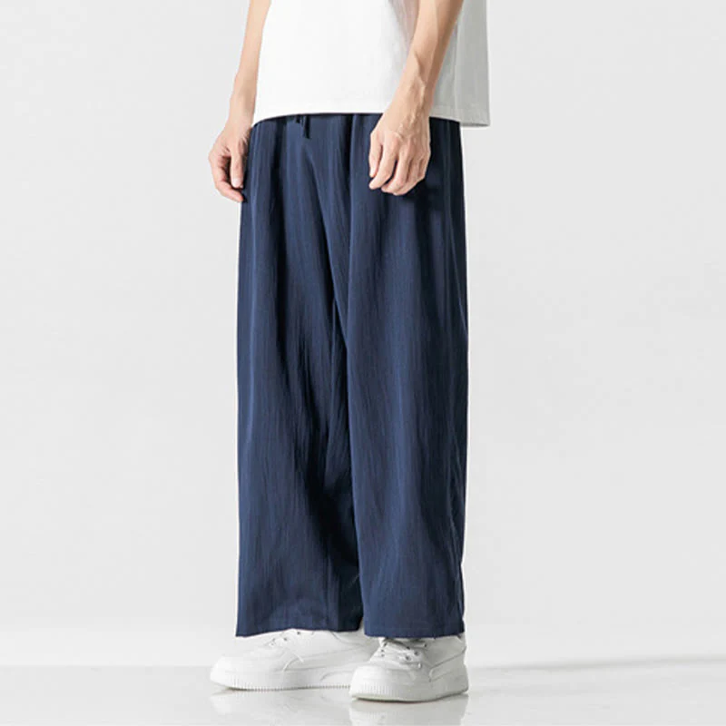 Buddha Stones Summer Casual Plain Straight Leg Design Men's Cotton Linen Drawstring Pants With Pockets