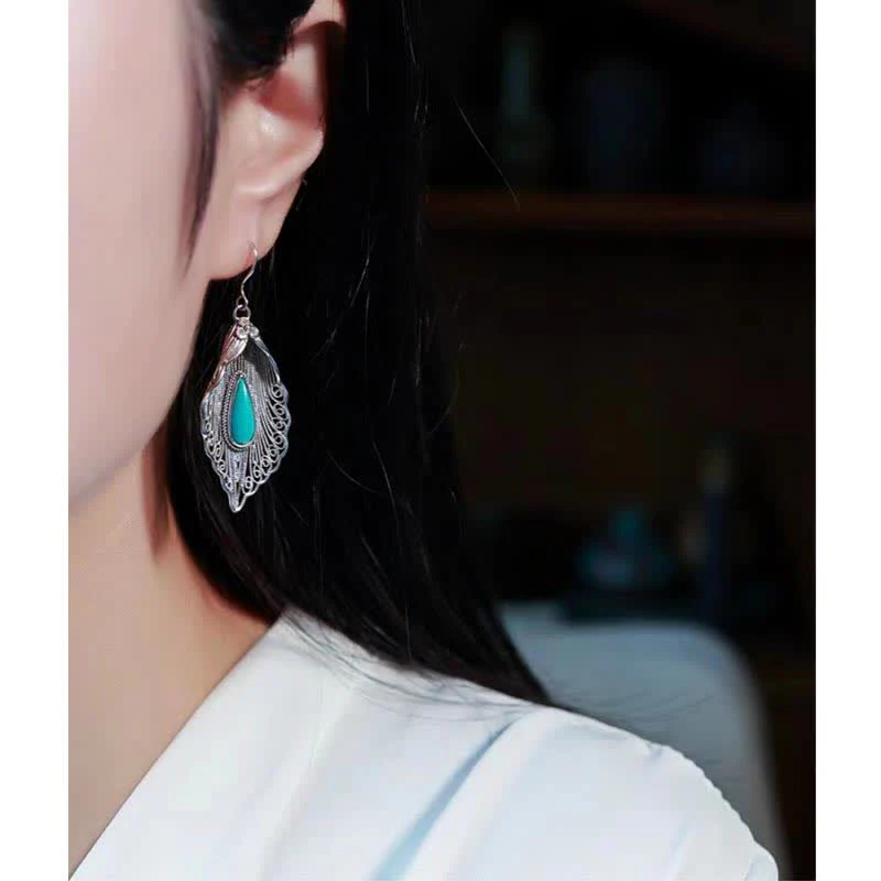 Buddha Stones 925 Sterling Silver Turquoise Bodhi Leaf Pattern Protection Drop Dangle Earrings