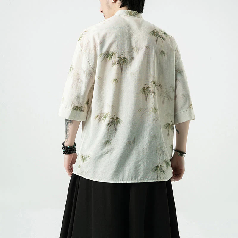 Buddha Stones Green Yellow Bamboo Leaves Print Half Sleeve Shirt Men's T-shirt