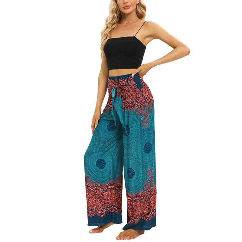 Buddha Stones Bohemian Compass Flower Print Lace-up Wide Leg Pants Women's Yoga Pants