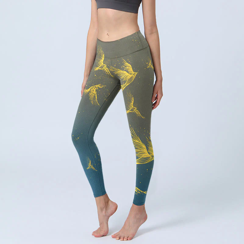 Buddha Stones Golden Flying Birds Print Gym Leggings Women's Yoga Pants