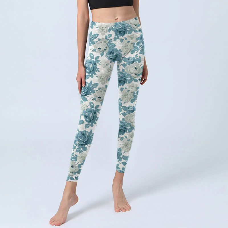 Buddha Stones Green White Flower Gym Leggings Women's Yoga Pants