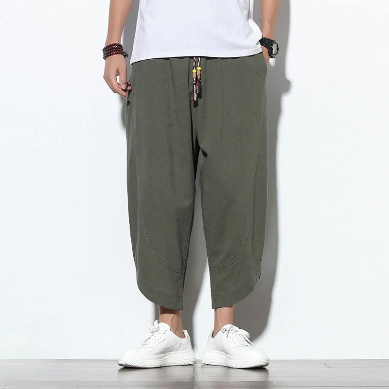 Buddha Stones Casual Summer Drawstring 7-8 Length Linen Men's Harem Pants With Pockets