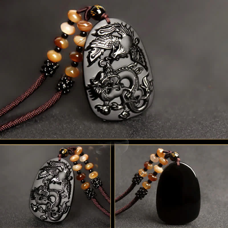 Buddha Stones Black Obsidian Tiger Eye Dragon Phoenix Protection Beaded Necklace Pendant