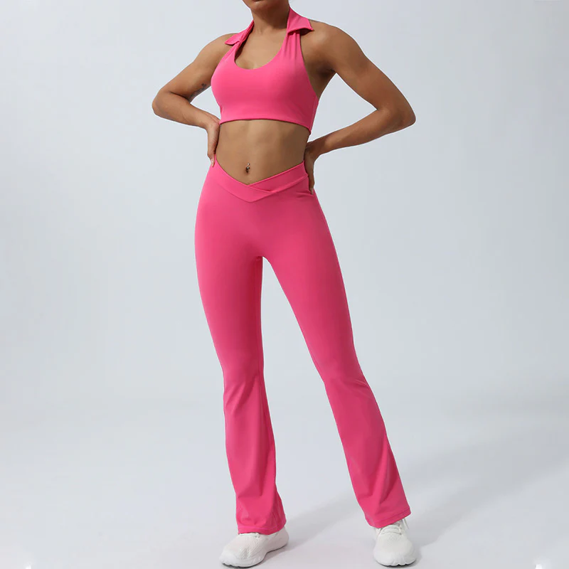 Buddha Stones 2Pcs Workout Sleeveless Backless Top Shorts Flared Pants Sports Fitness Yoga Outfit Set