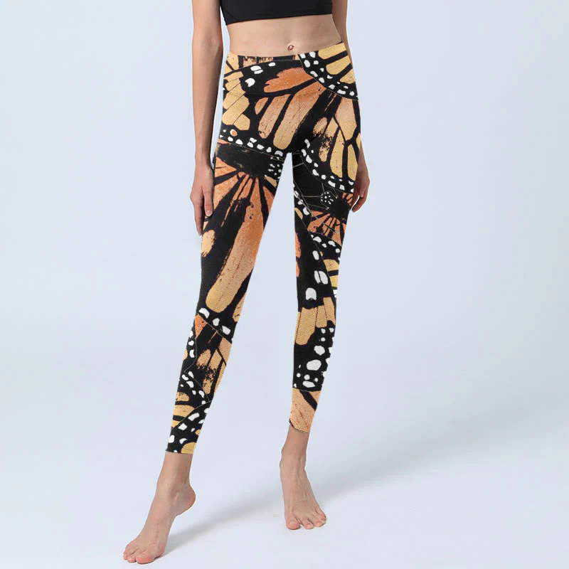 Buddha Stones Yellow Butterfly Print Exercise Leggings Women's Yoga Pants