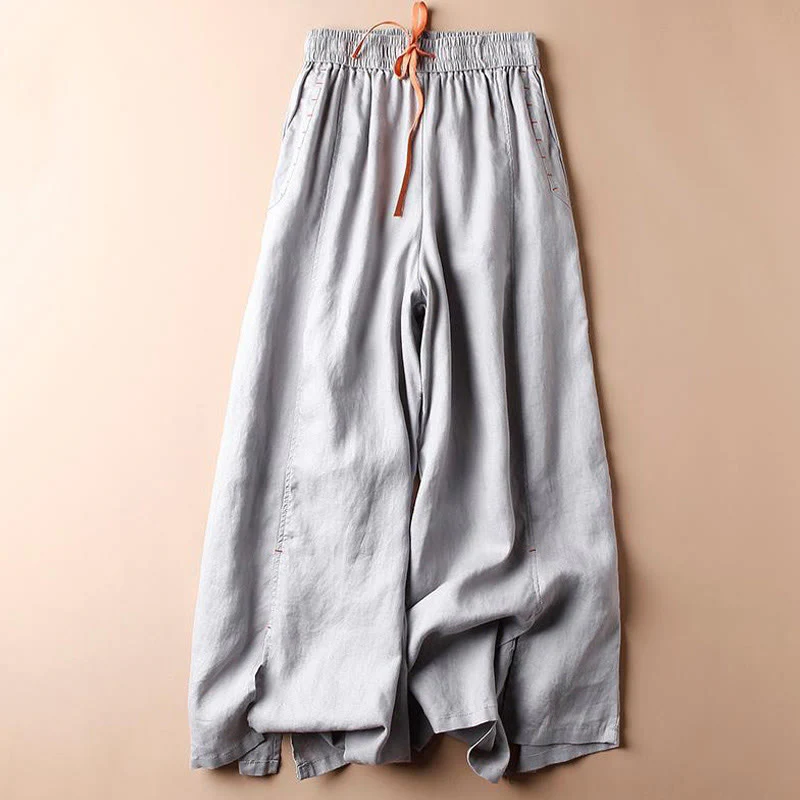 Buddha Stones Casual Cotton Slit Hem Women's 7-8 Length Wide Leg Pants With Pockets