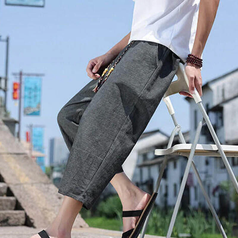 Buddha Stones Casual Woven Bead Waist Rope Men's 7-8 Length Spandex Pants With Pockets