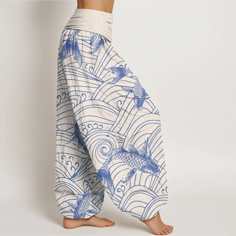 Buddha Stones Koi Fish Wave Pattern Women's Elastic Waist Harem Pants