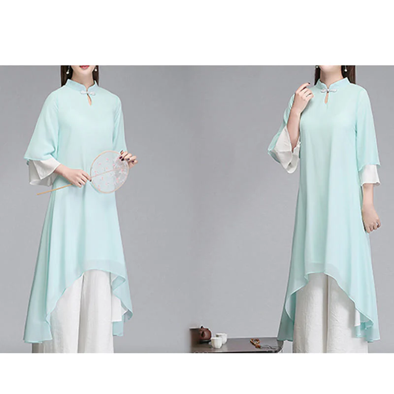 Buddha Stones Solid Women's Three Quarter Sleeve Chiffon Irregular Shirt Dress Wide Leg Pants Meditation Clothing