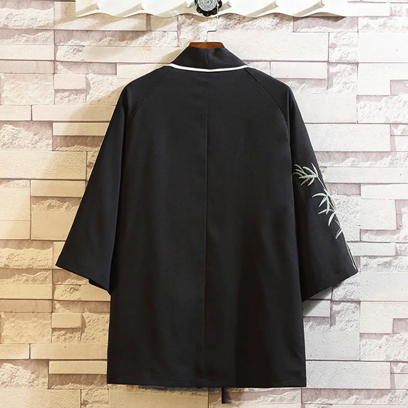 Buddha Stones Embroidery Dragon Phoenix Auspicious Cloud Waves Leaves Cranes Open Front Jacket Men's Kimono